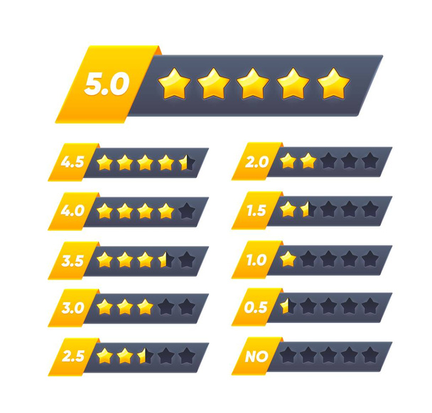 Five golden star review rate. Customer feedback. User opinion, product review or quality mark, customer choice and consumer evaluation, client positive or negative feedback golden stars vector bars - Vecteur, image