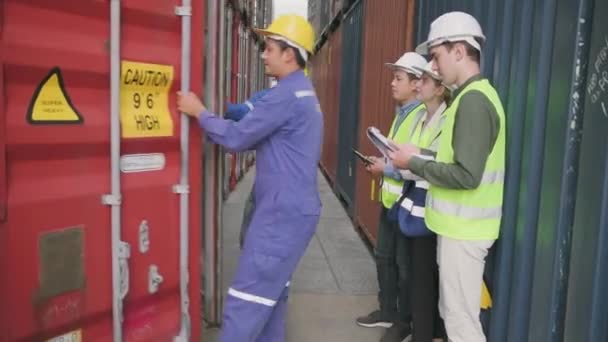 Group of multiracial workers in safety uniforms and hardhats walk and inspect shipping cargo with White male manager at nook of container stack, import and export goods logistic transport industry.  - Záběry, video