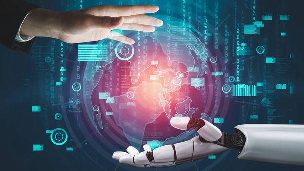 Robot futurista inteligencia artificial revolucionario desarrollo de la tecnología de IA y el concepto de aprendizaje automático. Investigación científica biónica robótica global para el futuro de la vida humana. Gráfico de representación 3D. - Foto, imagen