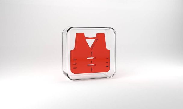Red Fishing jacket icon isolated on grey background. Fishing vest. Glass square button. 3d illustration 3D render. - Foto, imagen