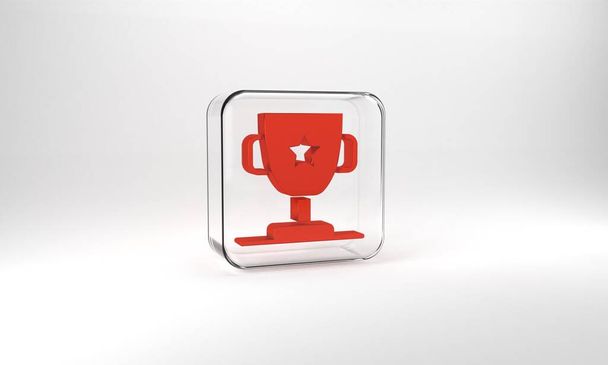 Red Award cup icon isolated on grey background. Winner trophy symbol. Championship or competition trophy. Sports achievement sign. Glass square button. 3d illustration 3D render. - Photo, image