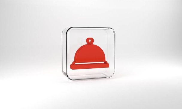 Red Covered with a tray of food icon isolated on grey background. Tray and lid sign. Restaurant cloche with lid. Glass square button. 3d illustration 3D render. - Zdjęcie, obraz