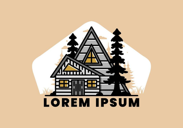 Illustration badge design of an aesthetic wood house between two pine trees - Vektor, obrázek