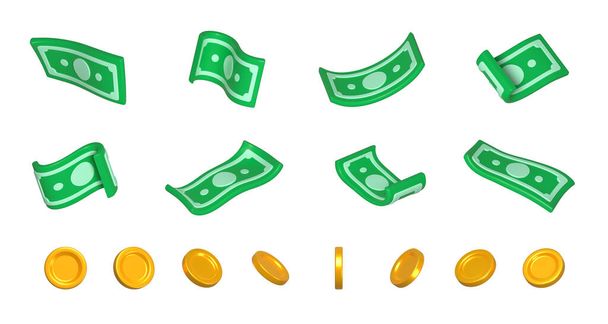 Money 3d icons. Concept of finance, bank currency, investment, wealth. Dollar banknotes, green paper bills and gold coins isolated on white background, render illustration - 写真・画像