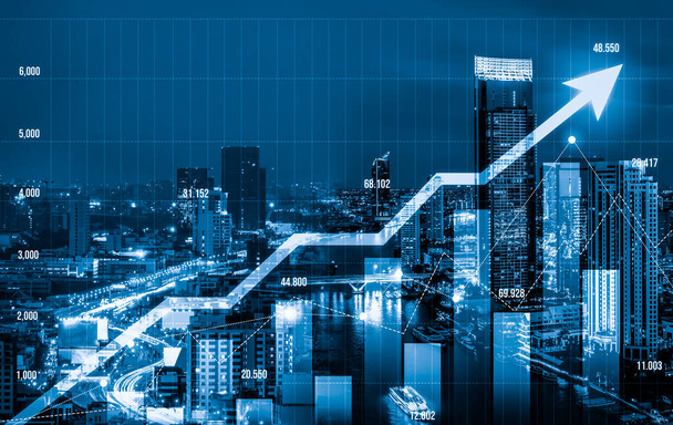 Stock market business concept. Financial graphs and digital indicators with modernistic urban area and skyscrapers as background. Double Exposure. - Foto, Imagem
