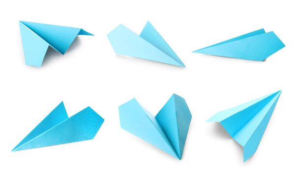 Set of blue paper plane isolated on white  - Fotoğraf, Görsel
