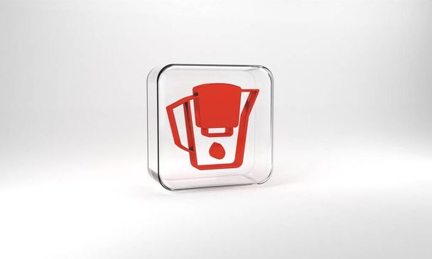Red Water jug with a filter icon isolated on grey background. Glass square button. 3d illustration 3D render. - Foto, Bild