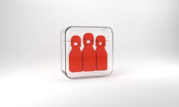 Red Bowling pin icon isolated on grey background. Glass square button. 3d illustration 3D render. - Fotografie, Obrázek