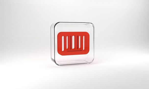 Red Barcode icon isolated on grey background. Glass square button. 3d illustration 3D render. - Foto, imagen
