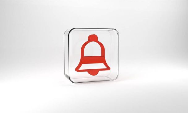 Red Ringing bell icon isolated on grey background. Alarm symbol, service bell, handbell sign, notification symbol. Glass square button. 3d illustration 3D render. - Zdjęcie, obraz