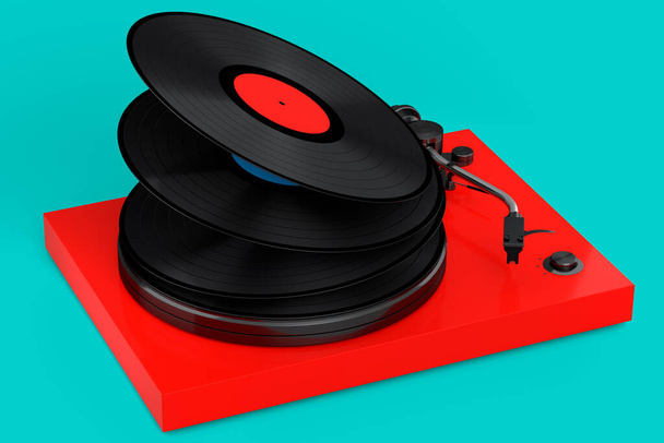 Vinyl record player or DJ turntable with flying vinyl plate on green background. 3d render of sound equipment and concept for sound entertainment. - Fotoğraf, Görsel