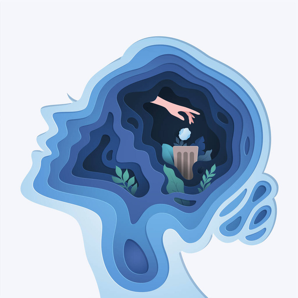 Χαρτί περικοπή στρωματοποιημένο ανθρώπινο κεφάλι με ρίψη σκουπιδιών σε κάδο απορριμμάτων, επιχείρηση ή μυαλό ψυχολογία έννοια - Διάνυσμα, εικόνα