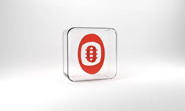Red American Football ball icon isolated on grey background. Rugby ball icon. Team sport game symbol. Glass square button. 3d illustration 3D render. - Foto, immagini