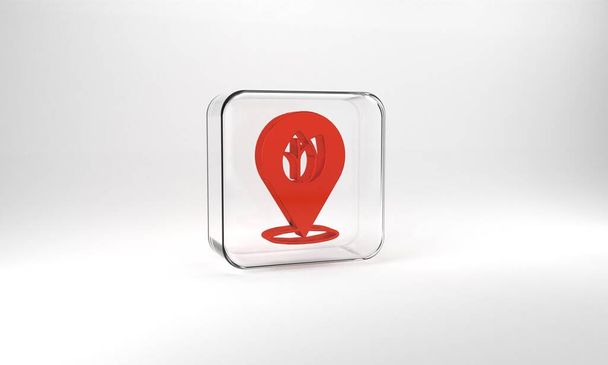 Red Location pin with leaf inside icon isolated on grey background. Leaves sign. Fresh natural product symbol. Glass square button. 3d illustration 3D render. - Photo, image