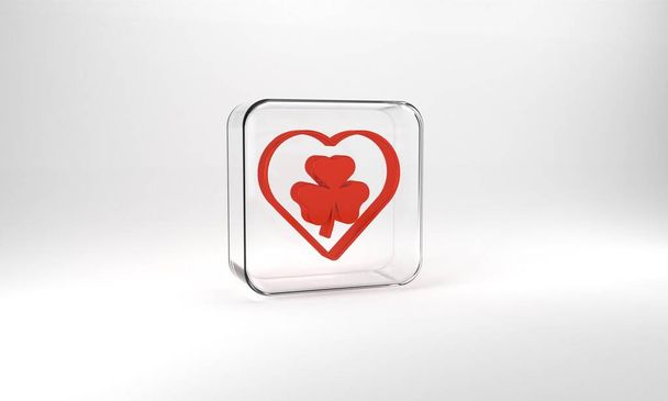 Red Heart with clover trefoil leaf icon isolated on grey background. Happy Saint Patricks day. National Irish holiday. Glass square button. 3d illustration 3D render. - Fotó, kép