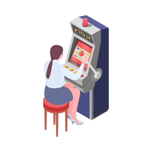 Isometric woman playing on slot machine in casino 3d vector illustration - Wektor, obraz
