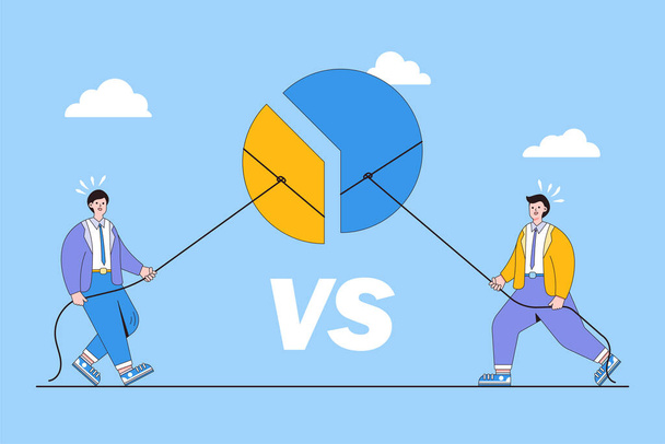 Market share percentage, fighting for economic financial profit, business opportunity, competitive rivalry, battle to gain sale concepts. Two businessman to pulling parts of pie chart to own side. - Vector, Imagen