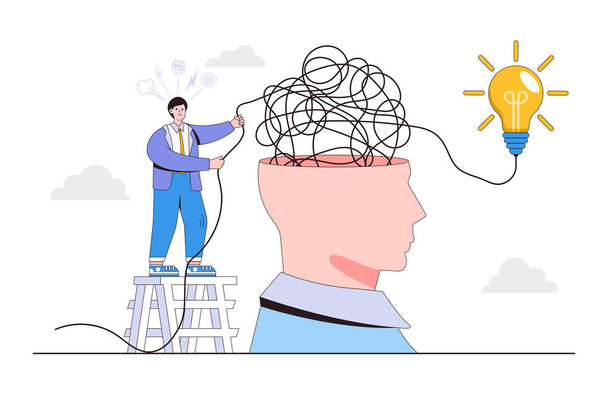 Solving complexity problem, overcome difficulty, searching business solutions, intellectual clutter concepts. Frustrated businessman trying to solve tangled rope in head and finding lightbulb idea. - Vektor, Bild