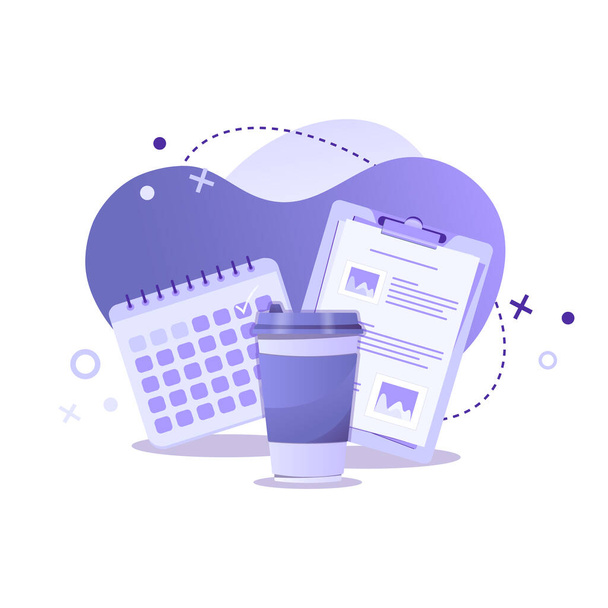 Clipboard, cup of coffee and calendar vector illustration. Office work, coffee break, planning, time management, schedule and online education concept for banner, website, social media, app and flyer. - Vektori, kuva