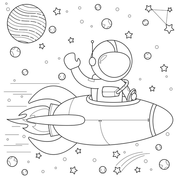 Astronaut riding a rocket in space suitable for children's coloring page vector illustration - Vecteur, image