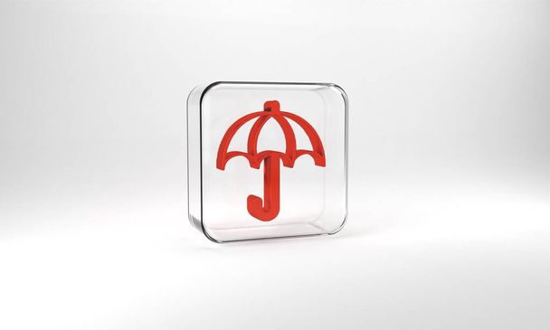 Red Umbrella icon isolated on grey background. Insurance concept. Waterproof icon. Protection, safety, security concept. Glass square button. 3d illustration 3D render. - Photo, Image