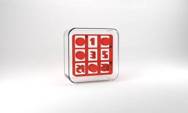 Κόκκινη κάρτα Bingo με εικονίδιο τυχερών αριθμών που απομονώνεται σε γκρι φόντο. Γυάλινο τετράγωνο κουμπί. 3d απεικόνιση 3D καθιστούν. - Φωτογραφία, εικόνα