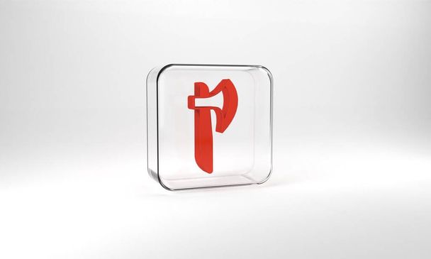 Red Wooden axe icon isolated on grey background. Lumberjack axe. Glass square button. 3d illustration 3D render. - Fotografie, Obrázek