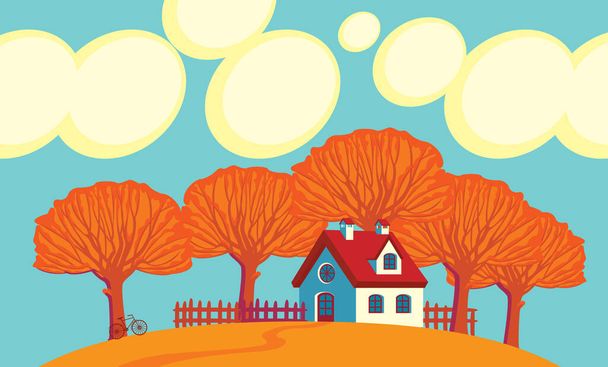 Autumn landscape with village house, yellowed trees and clouds in the bright blue sky. Cartoon children's fall illustration. Decorative vector banner in flat style - Vecteur, image