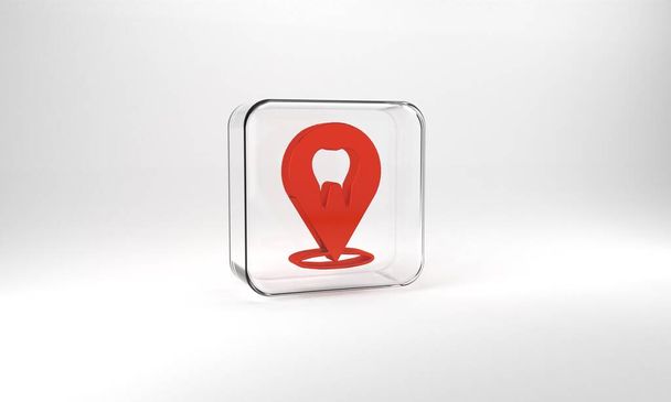 Red Dental clinic location icon isolated on grey background. Glass square button. 3d illustration 3D render. - Zdjęcie, obraz