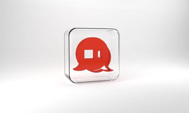 Red Video chat conference icon isolated on grey background. Online meeting work form home. Remote project management. Glass square button. 3d illustration 3D render. - Foto, Bild