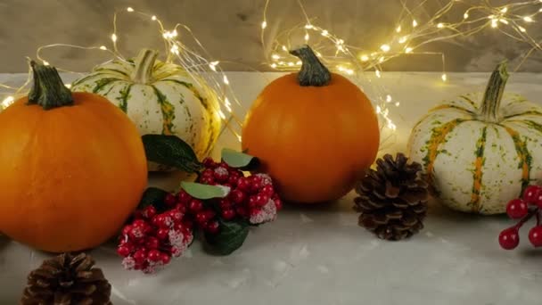Thanksgiving Day. Pumpkin. The table is decorated with pumpkins and a garland. Festive scene of the autumn festival, autumn, dinner. 4K - Imágenes, Vídeo