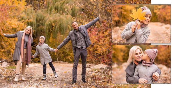 family, childhood, season and people concept - happy family playing with autumn leaves in park. High quality photo - Foto, afbeelding