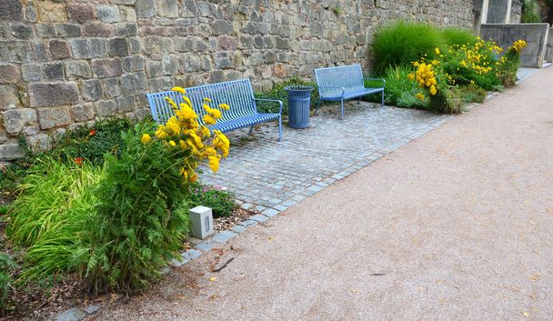 blue metal park bench under a brick wall in the park. soft sandy park paths and beds of tall yellow flowering perennials contrasting with benches. promenade in the garden - 写真・画像