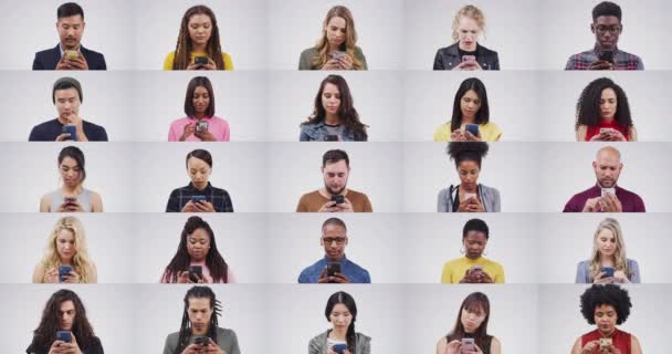 Οι άνθρωποι στα μέσα κοινωνικής δικτύωσης με κινητό τηλέφωνο, έκπληξη στην online επικοινωνία και σοκαρισμένος σε παγκόσμια εφαρμογή με την τεχνολογία. Κολάζ ανδρών και γυναικών στο διαδίκτυο, ποικιλομορφία στο διαδίκτυο και χαρούμενη ομάδα στο στούντιο. - Πλάνα, βίντεο