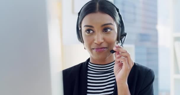 Call center agent talking online, woman consulting for sales at telemarketing company and working as consultant in office at work. Happy customer service worker giving support and corporate service. - Metraje, vídeo