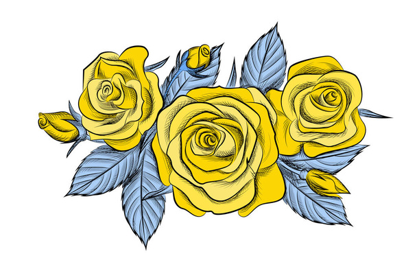 Illustration with blue yellow roses in vector - Vektör, Görsel