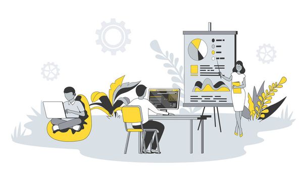 Coworking office concept in flat design with people. Man and woman work on laptops or computers, discussing and brainstorming in open space. Vector illustration with character scene for web banner - Vektor, obrázek