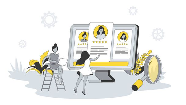Πρόσληψη έννοια σε επίπεδη σχεδίαση με τους ανθρώπους. Οι γυναίκες διευθυντές HR αναζητούν νέες κενές θέσεις εργασίας, διαβάζουν online βιογραφικά και επιλέγουν τους καλύτερους υποψηφίους. Εικονογράφηση διάνυσμα με σκηνή χαρακτήρα για το web banner - Διάνυσμα, εικόνα