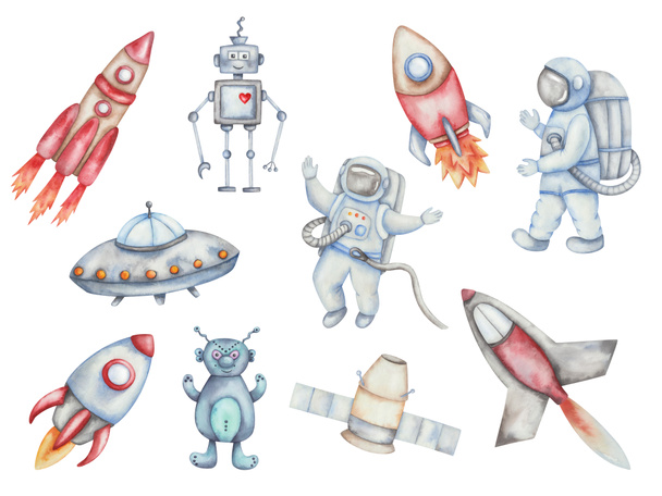 Watercolor illustration of hand painted spaceship, spacecraft, satellite and rocket with fire. Spacemen, alien and robot characters. Isolated clip art vehicles and cosmonaut flying in open space - Valokuva, kuva