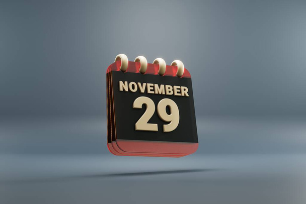 Standing black and red month lined desk calendar with date November 29. Modern design with golden elements, 3d rendering illustration. Blue gray background. - Foto, Imagen