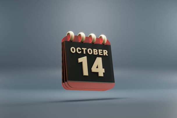 Standing black and red month lined desk calendar with date October 14. Modern design with golden elements, 3d rendering illustration. Blue gray background. - Fotó, kép