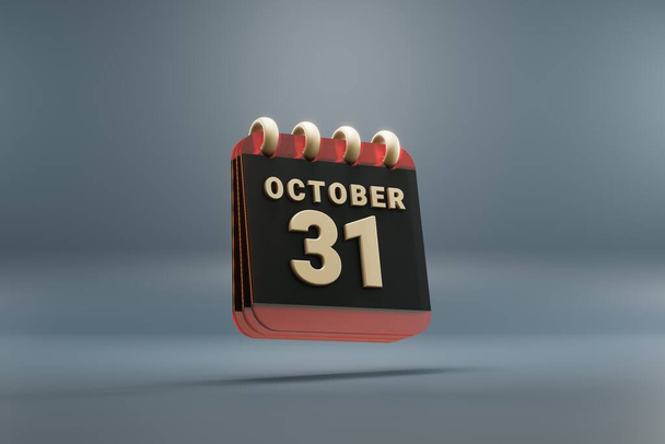 Standing black and red month lined desk calendar with date October 31. Modern design with golden elements, 3d rendering illustration. Blue gray background. - Foto, afbeelding