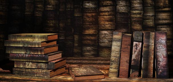 Stack of old books on a table. Retro style. 3D render illustration. - Fotó, kép