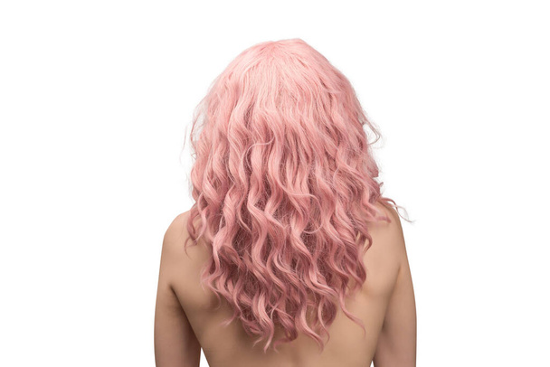 Woman with pink and curly hair.  Woman back isolated.  - Photo, Image