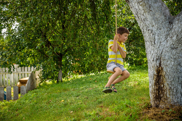 Счастливый мальчик веселится на веревочном качеле, который он нашел, отдыхая за городом. Активный отдых с детьми. - Фото, изображение