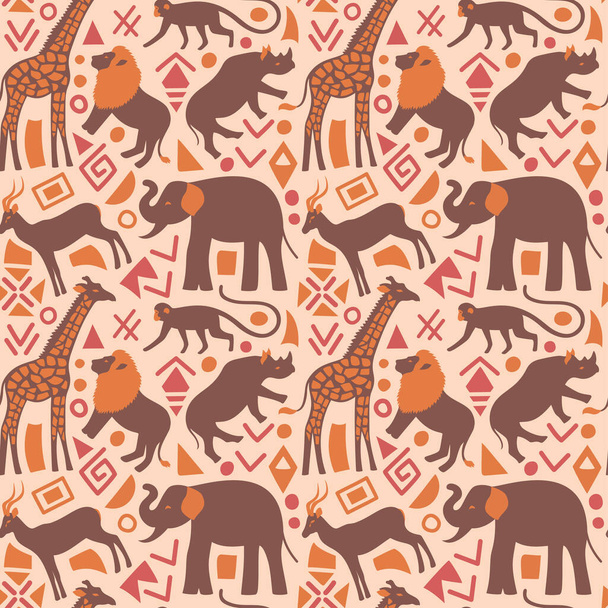 Abstract African seamless pattern with wild animals. Ethical minimalist wrapping paper. Afro oriental wallpaper. Beautiful geometric simple shapes. Elephant, lion, giraffe. Vector illustration. - ベクター画像