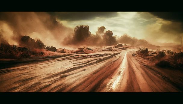 Dust sand cloud on a dusty road. Scattering trail on track from fast movement. Digital illustration. - Foto, Imagen