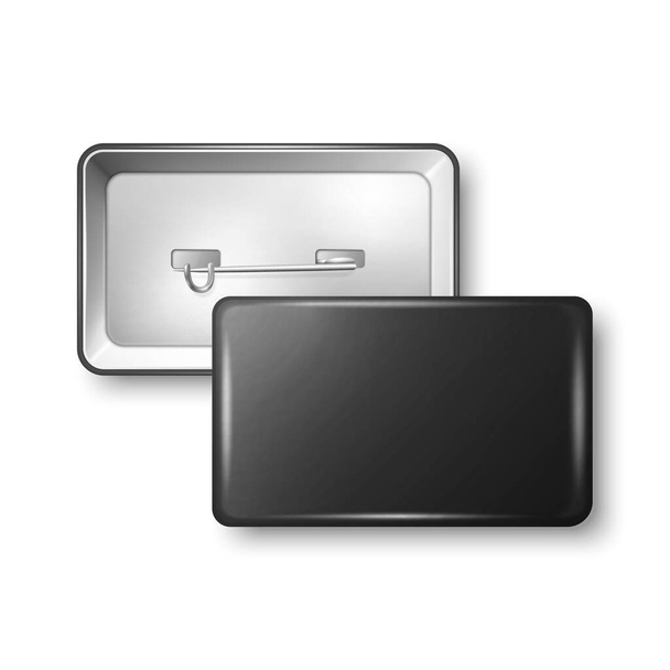 Vector 3d Realistic Rectangular Black Metal, Plastic Blank Empty Button Badge Icon Isolated. Button Pin Badge. Glossy Brooch Pin. Top View - Front and Back Side. Template for Branding, Mock-up. - Vektor, Bild