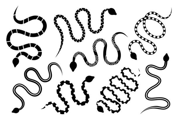 Black snakes silhouettes. Astrology symbol. Black snakes elements for tattoo design. Dangerous exotic rattlesnakes isolated on white background. Hand drawn vector illustration. - Vecteur, image