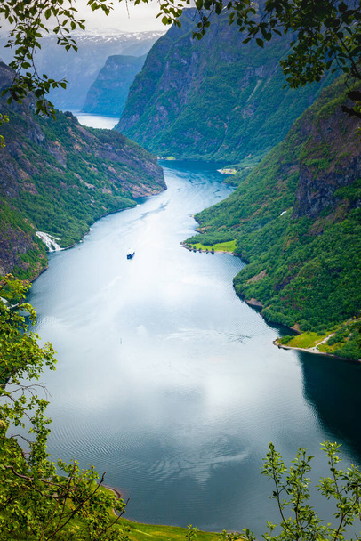 Majestic naeroyfjord from above in Norway at cloudy day, Scandinavia - Foto, imagen